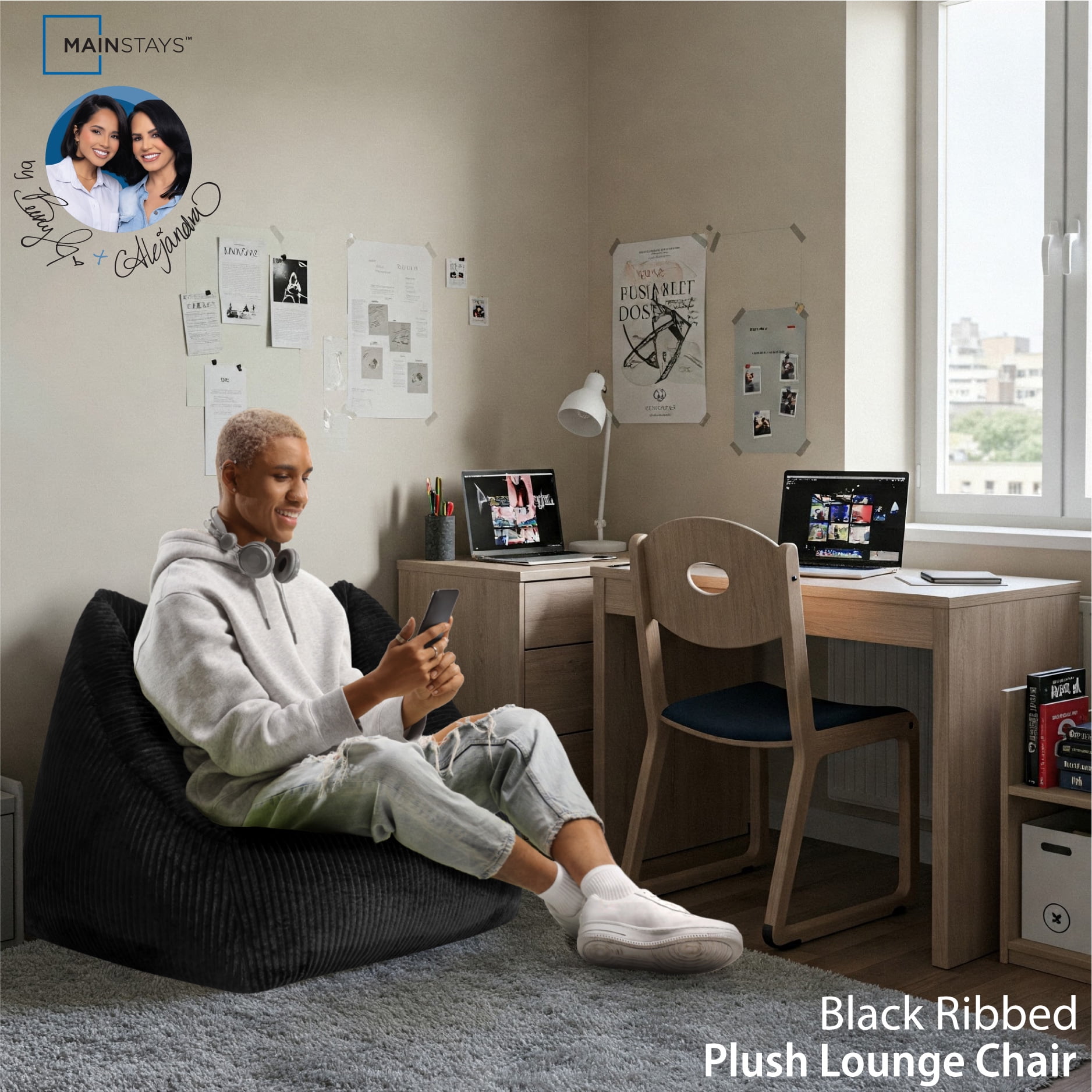 Mainstays by Becky G. & Alejandra Ribbed Plush Compressed Foam Chair, Black