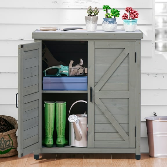 LDB_BUILDING 31.5in. W x 36in. H Outdoor Storage Cabinet & Potting Bench Table with Metal Top, Wooden Patio Furniture, Garden Workstation