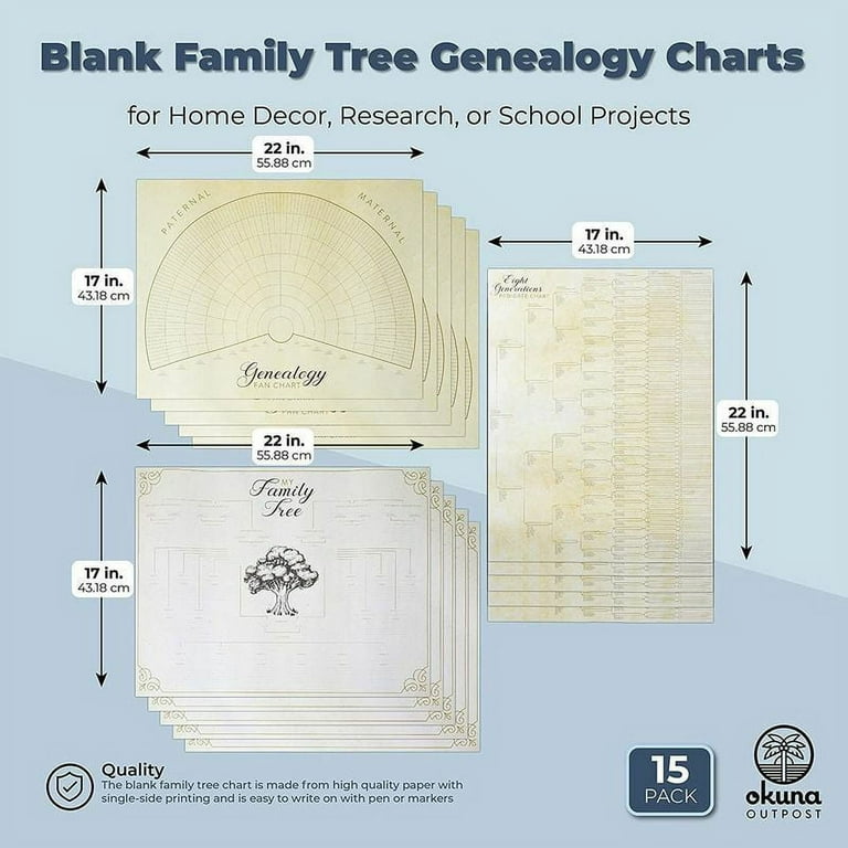 Okuna Outpost 15 Pack Family Tree Charts to Fill in, Blank Eight Generation Genealogy Poster, 17 x 22 in