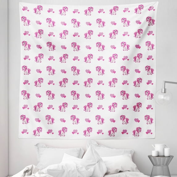 Love Tapestry, Pink Hearts and Pony Horse Girls Design Toy Animal Cartoon, Fabric Wall Hanging Decor for Bedroom Living Room Dorm, 5 Sizes, Hot Pink White, by Ambesonne