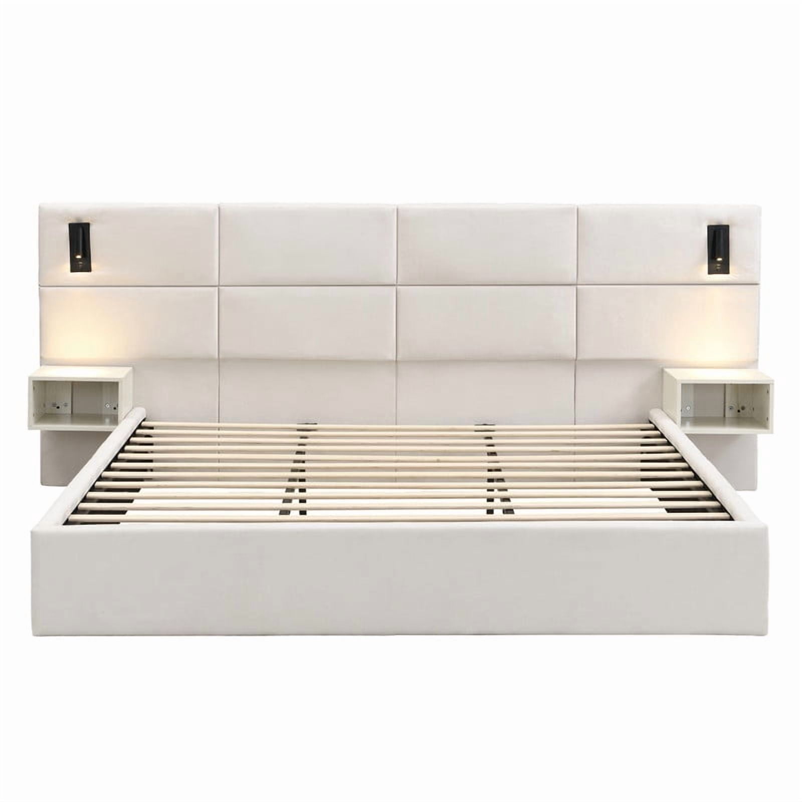 King Size Upholstered Bed Frame with 2 Reading Lights on Large Headboard, Storage Platform Bed Frame with 2 Open Shelves
