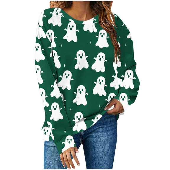 Makaor Sweatshirt Women Halloween Crew Neck Tops Fleece Long Sleeve Pullover Casual Fall Clothes Green L