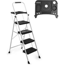 4-Step Ladder with Tool Platform, Wide Anti-Slip Platform & Thick Rubber Feet - Lightweight Heavy Duty Foldable & Portable - 330 lbs Capacity, Rubber Handgrip, Folding Step Stool - White