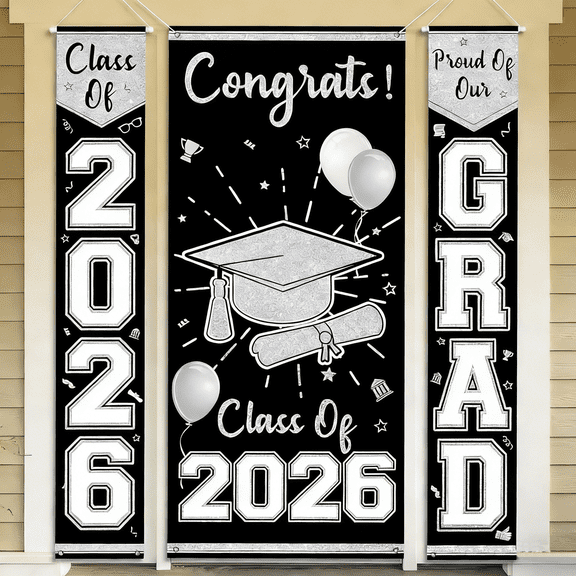 Black and Silver Graduation Porch Sign Banner Decorations Calss Of 2026 3Pcs Black Silver Congrats Grad Banner | Graduation Banner | Grad Hanging Flag Indoor/Outdoor 2025 Graduation Party Supplies