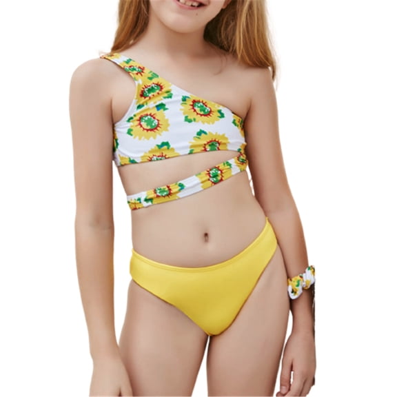 DHFJKG Girls One Shoulder Bikini Swimsuit 2PCS Set Floral Print Top With Bikini Bathing Suit Swimwear Comfy Beachwear