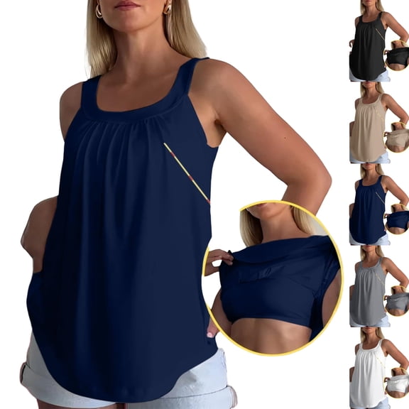 Tank Tops with Built in Bras Sleeveless Wide Strap Plus Size Camisole Square Neck Pleated Loose Cami Tank Shirts,XXL,Dark Blue