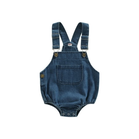

Arvbitana Baby Girls Boys Denim Overalls Sleeveless Button Closure Solid Color Romper with Pocket Casual Baggy Suspender Bodysuit for Newborn 0-24M