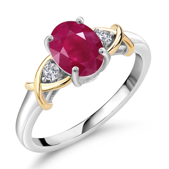 Gem Stone King 2 Tone 10K Yellow Gold and 925 Sterling Silver Oval Red Ruby and Lab Grown Diamond Women Ring | 1.68 Cttw | Size 7