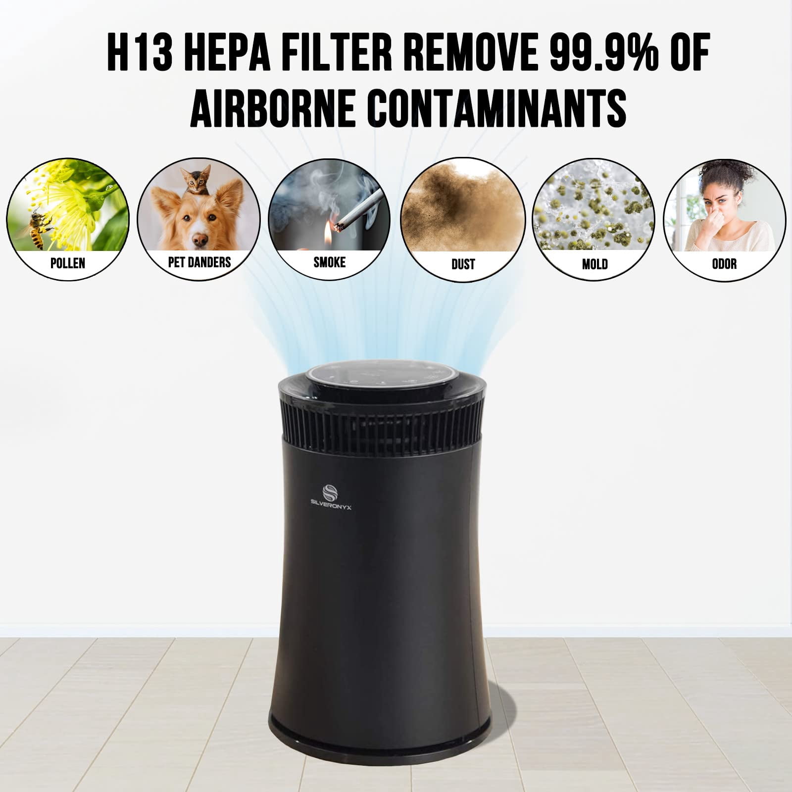 Air Purifier for Home Large Room – 5-in-1 HEPA Filter System, Covers Up to 500 Sq Ft for New Home for Allergies, Pets, Smoke, Remove Dust & Odor, Quiet, High Filtration Efficiency – SILVERONYX, Black