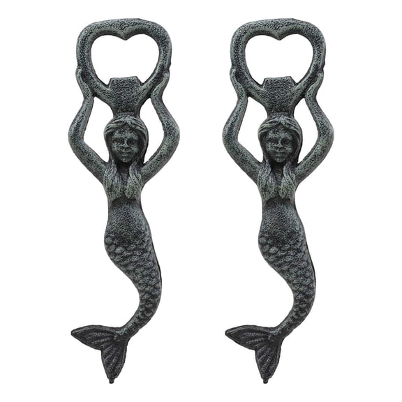 Rustic Verdigris Cast Iron Nautical Siren Mermaid Beer Bottle Opener Set Of 2