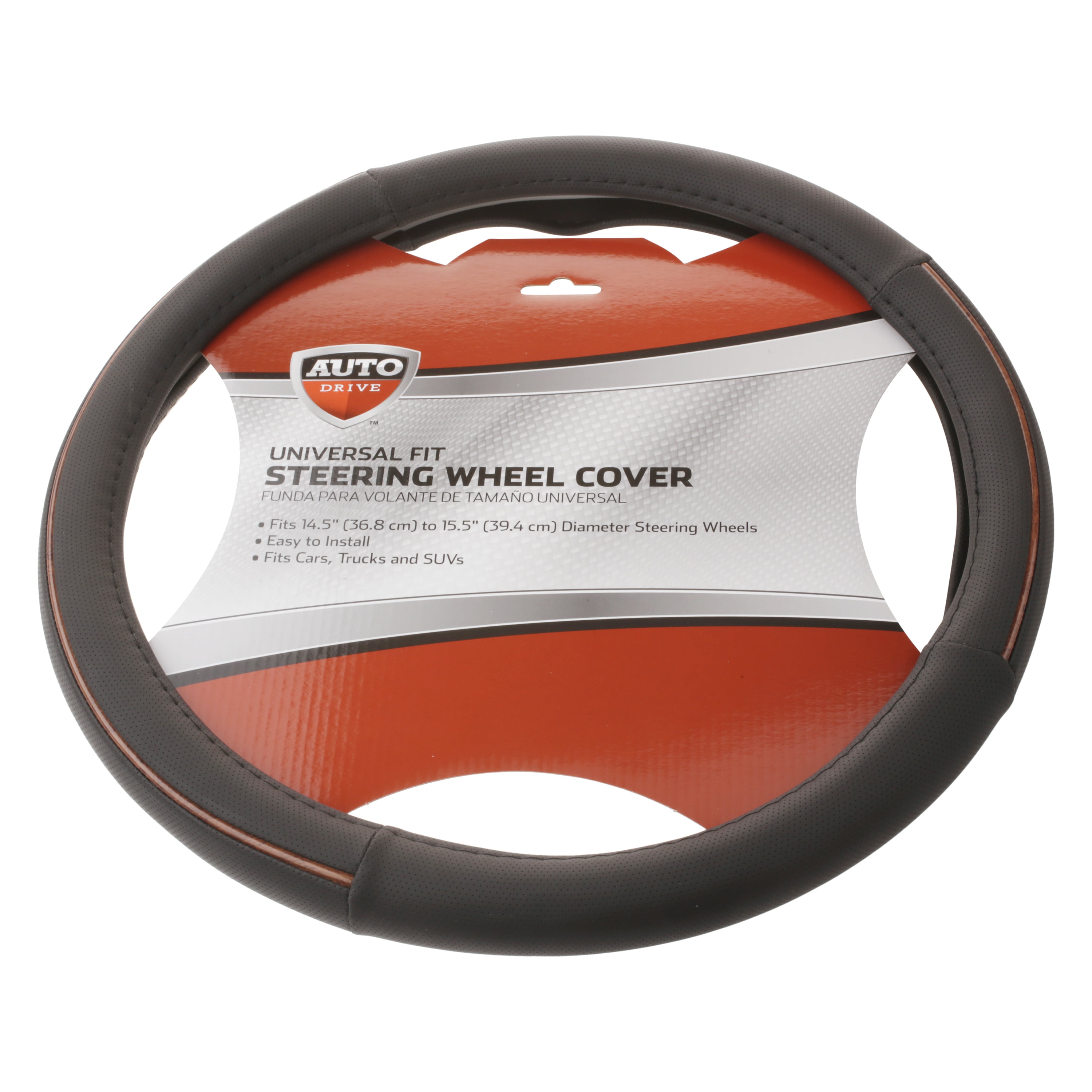 Auto Drive Universal Fit Steering Wheel Cover, Black with Brown Trim