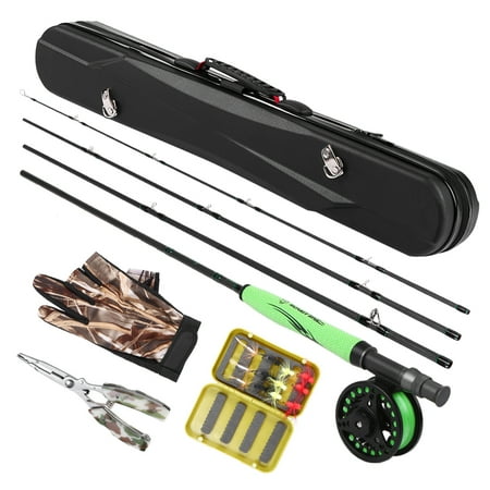 Essential Combo Package Lightweight Portable Fly Fishing Rod and Reel Combo Carbon Fiber Fly Rod Pole Fly Fishing Gloves Pliers Flies with Carry Case Fly Fishing Complete Package ()