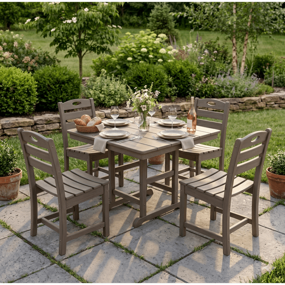 Antique Wood Color HDPE 5-Piece Outdoor Patio Dining Set with Square Table and 4 Armless Chairs, Umbrella Hole