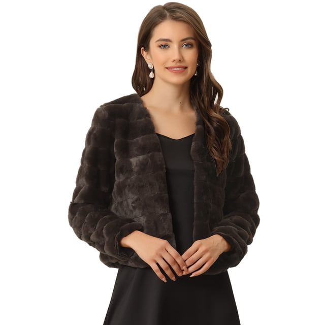 Abrigo mullido de piel sintétisin cuello chaquerecortacálide invierno pamujer Marrón Oscuro M