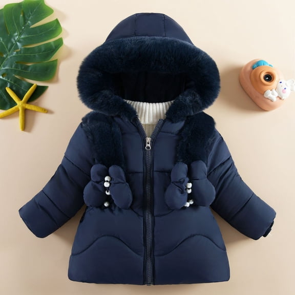 Girls' Fleece Lined Winter Jacket with Faux Fur Trim Hood, Thickened Cotton Coat Triple Layer Warmth, Windproof Mid-Length Outerwear for Cold Weather Protection Navy