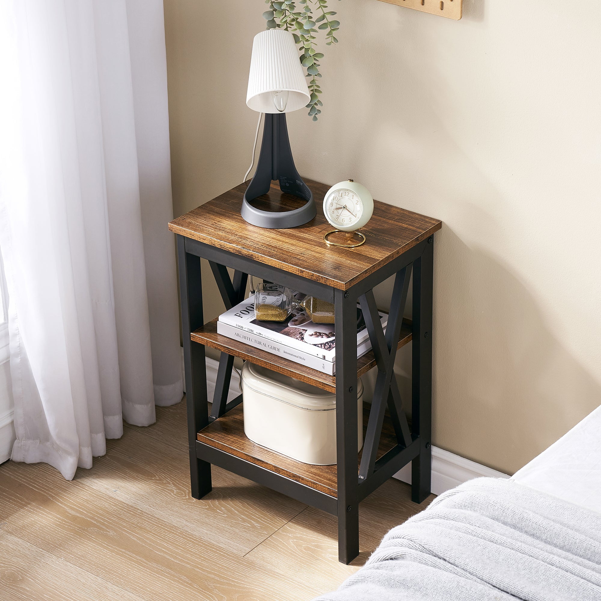 VECELO Set of 2 Nightstand with 3-Tier Shelf, Side End Table for Living Room, Bedroom, Brown