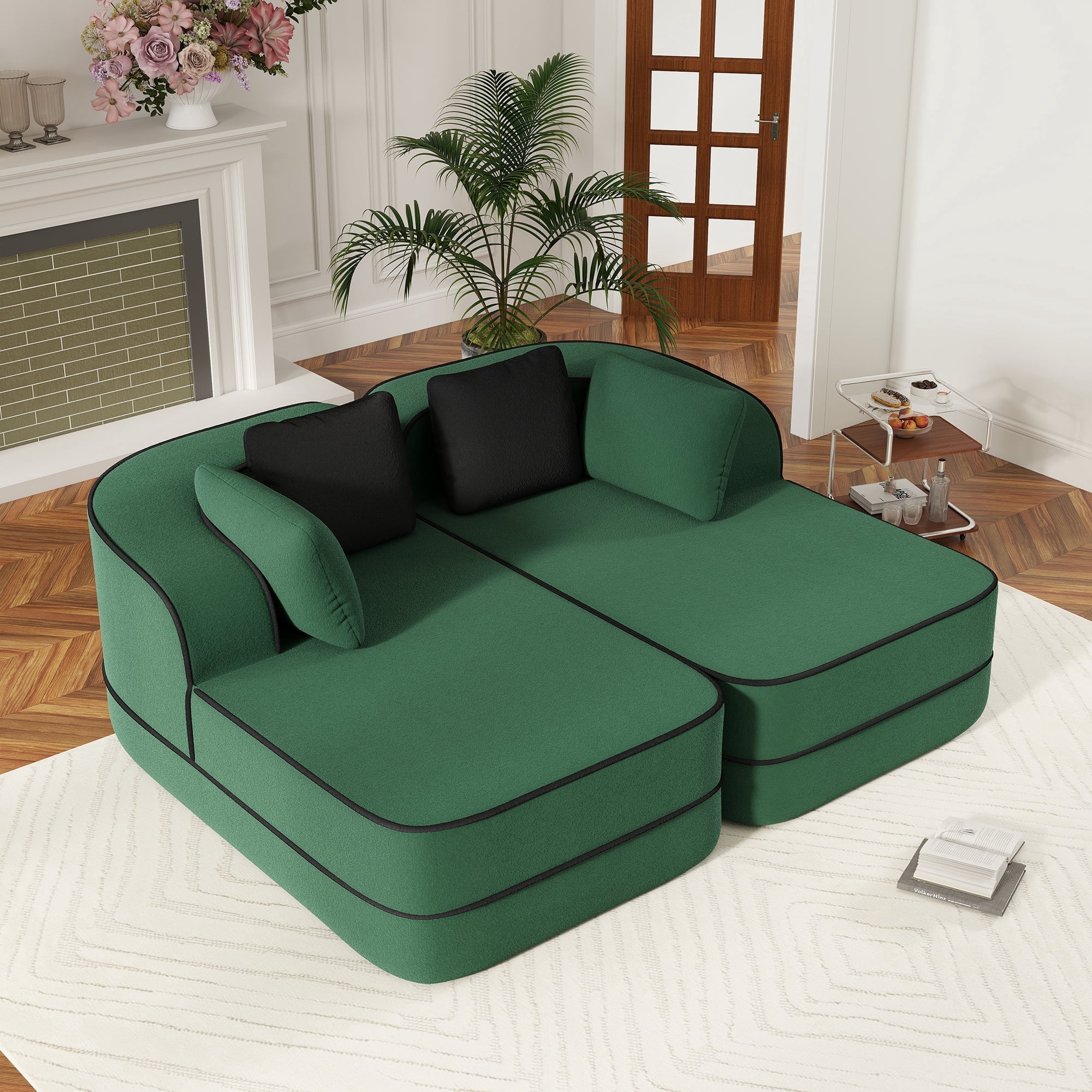 AOOWOW Home Contemporary Teddy Reclining Double Chaise Lounge Sofa Bed, Green