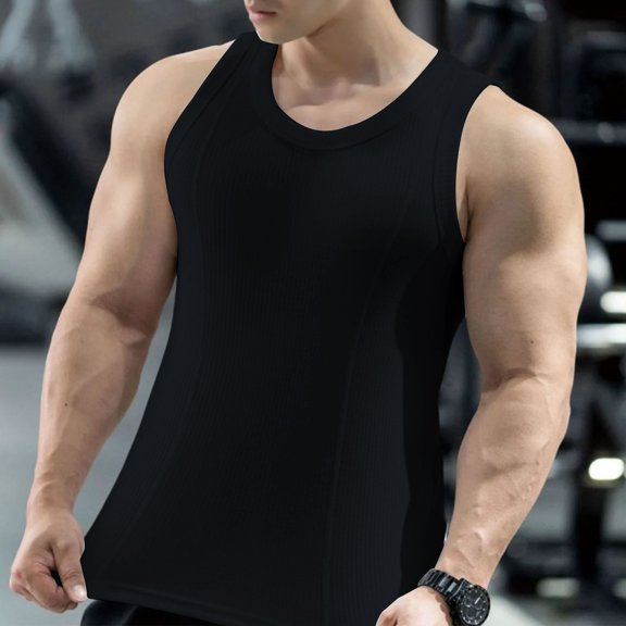 L-4X Plus Size Tank Tops for Men Big & Tall Sleeveless Crewneck Gym Undershirts Shirts Mens Stretchy Pullover Slim Athletic Workout Running Vests