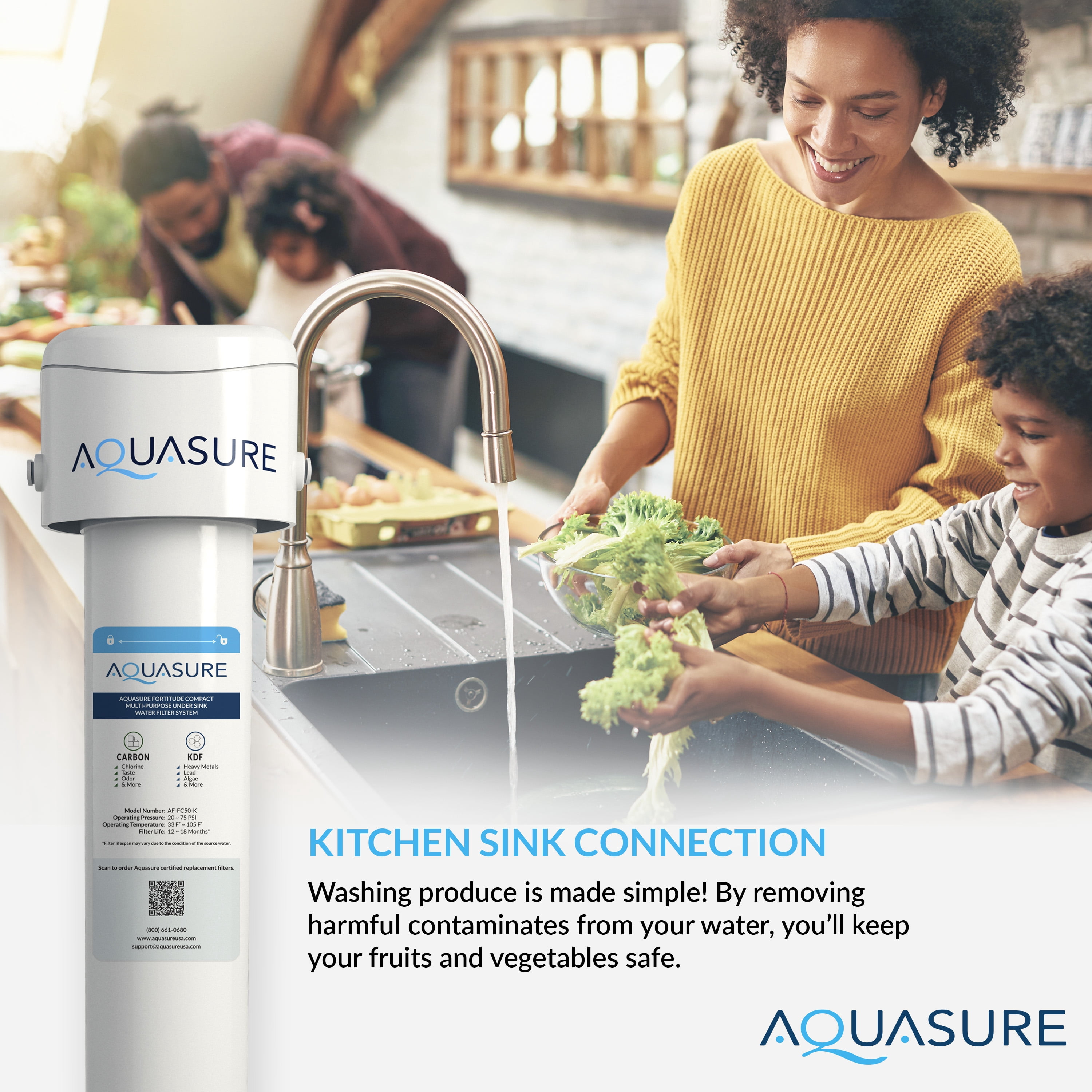 Aquasure Fortitude Compact 10K Gallons Under Sink Multi-Purpose Water Filtration System with Carbon/KDF Filters (AS-FC50-CK)