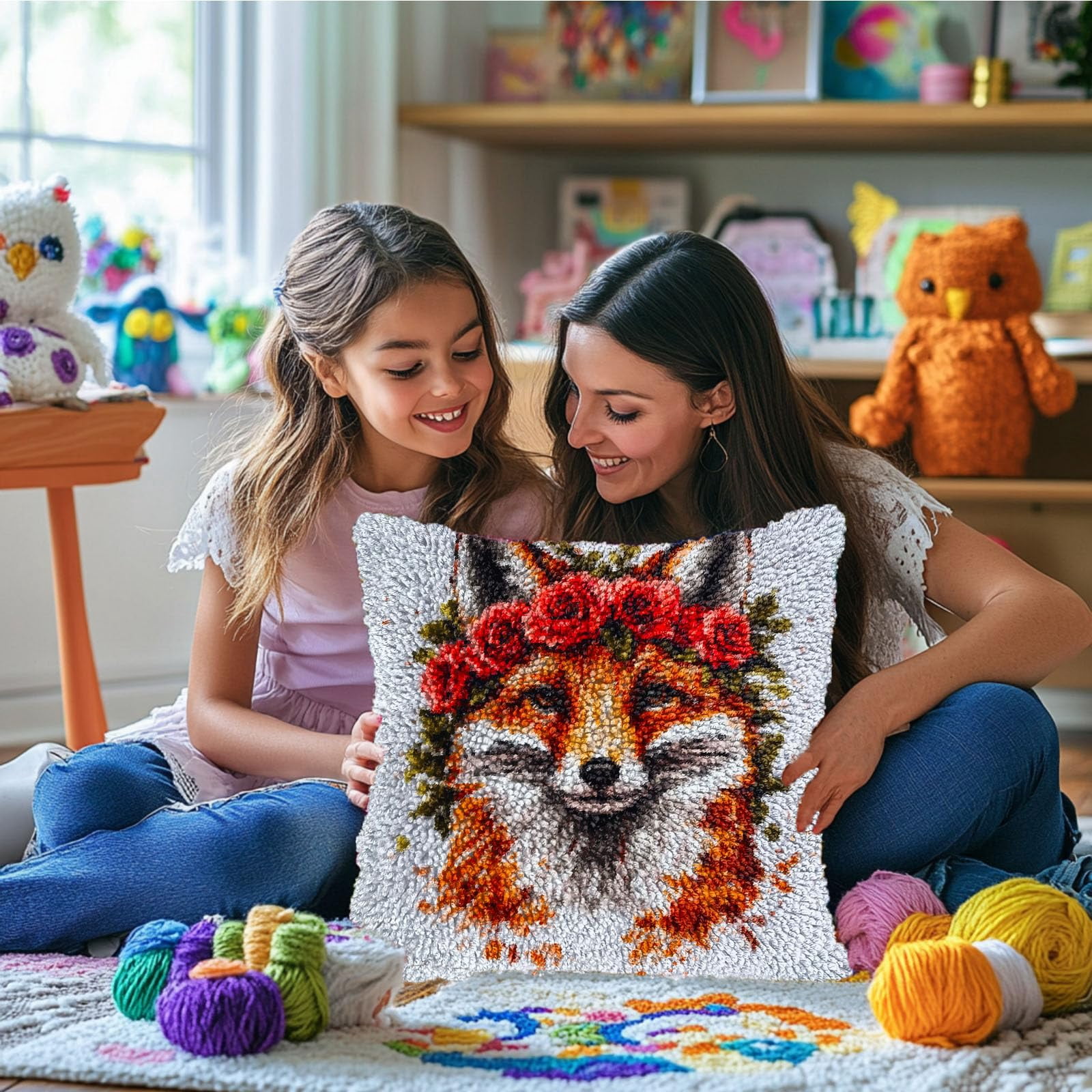 DIY Latch Hook Pillow Kits Fox with Roses in Hair Printed Pillowcase Crochet Yarns Hooking Handmade Pillow Cover Cushion for Home Sofa Decoration 17x17inch-3