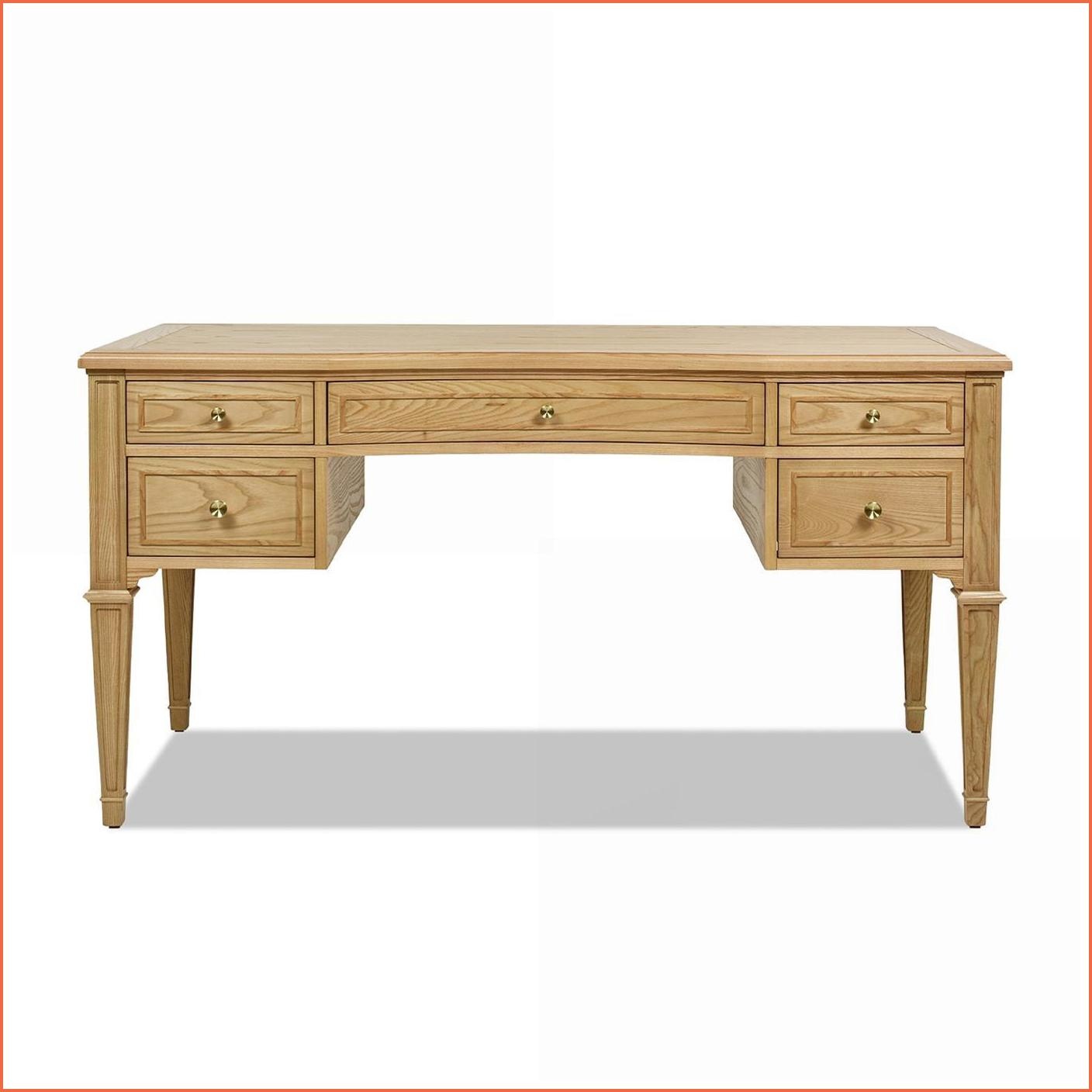 Desks, 5-Drawer Executive Desk with Gold Accents Natural Brown Wood | Brown | Solid Wood+MDF