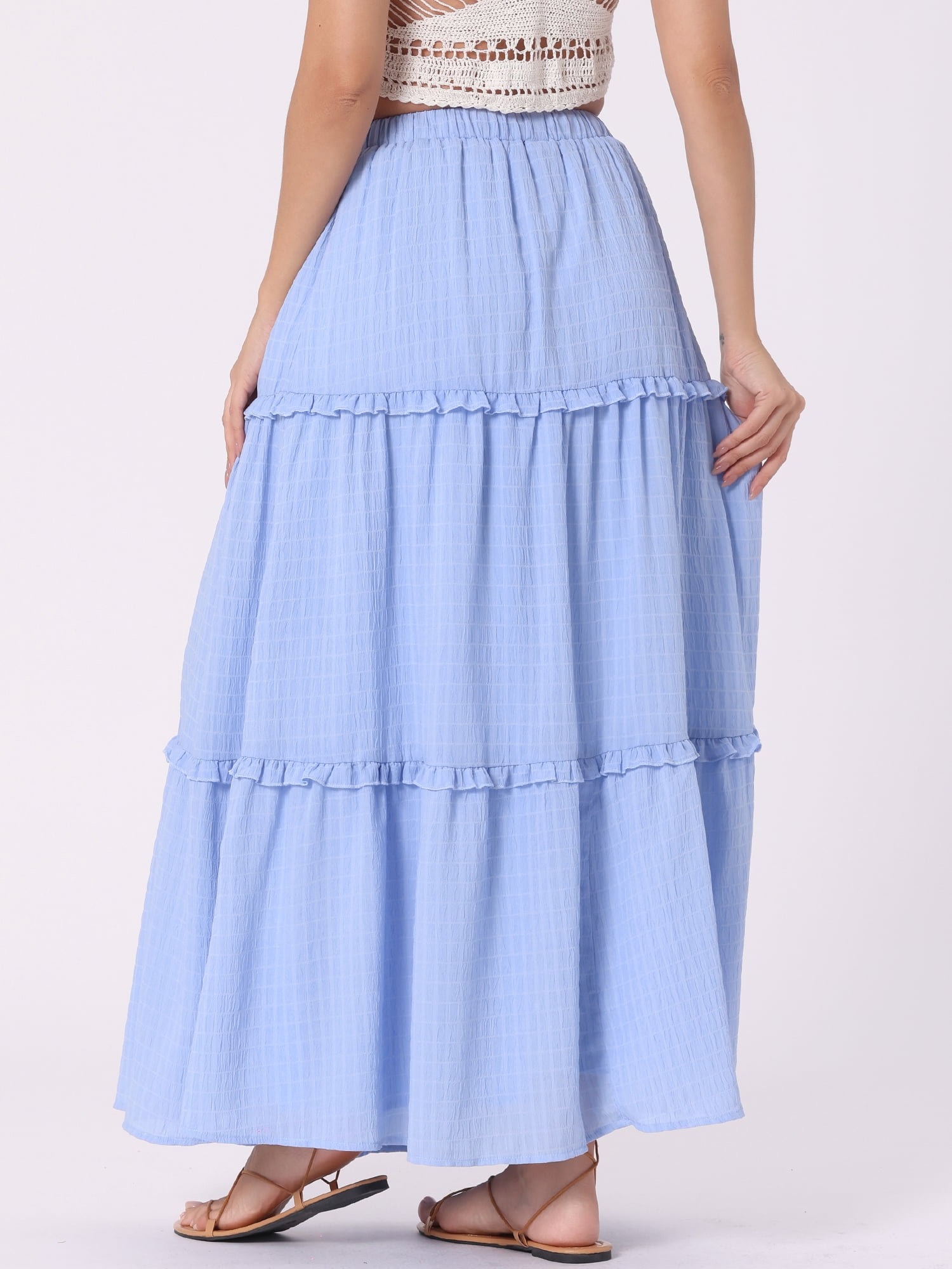 DARING DIVA Women's Ruffle Swing Skirts Beach Tiered Long Maxi Skirt S Light Blue