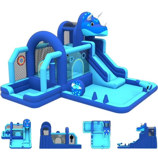 Dinosaur Bounce House with Slide & Climbing Wall, Oxford Cloth Inflatable Castle, Air Blower, Outdoor Backyard Jumper for Kids
