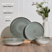 Pokini 12-Piece Stoneware Dinnerware Sets, Plates and Bowls Dish Sets for 4, Gradient Green