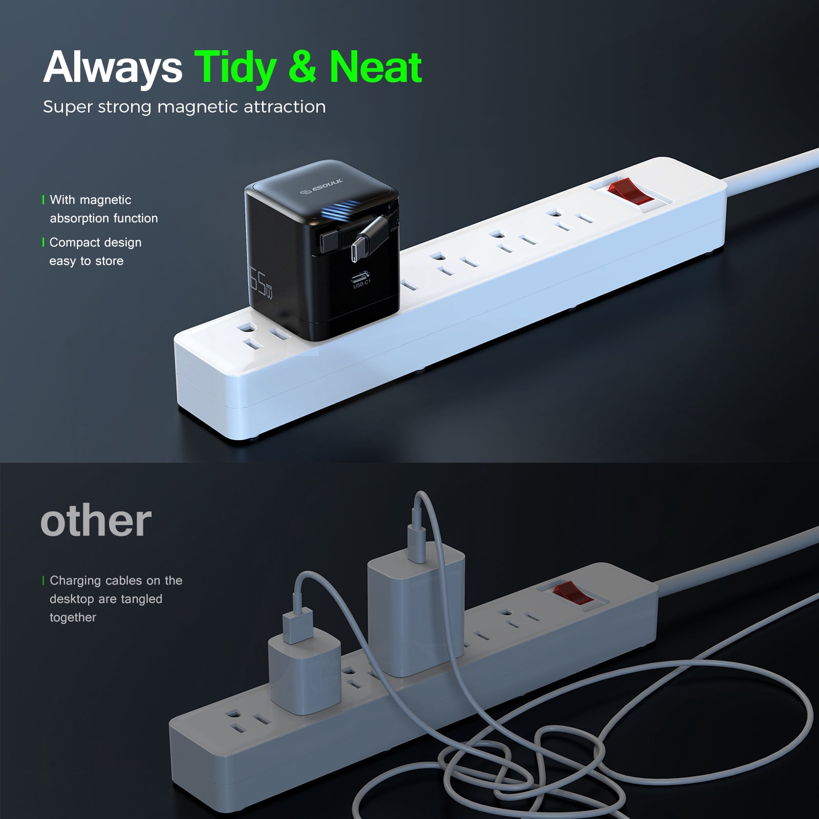 Esoulk 65W Dual USB-C PD 3.0 PPS Wall Charger with Retractable USB-C Cable for Laptops Smartphones