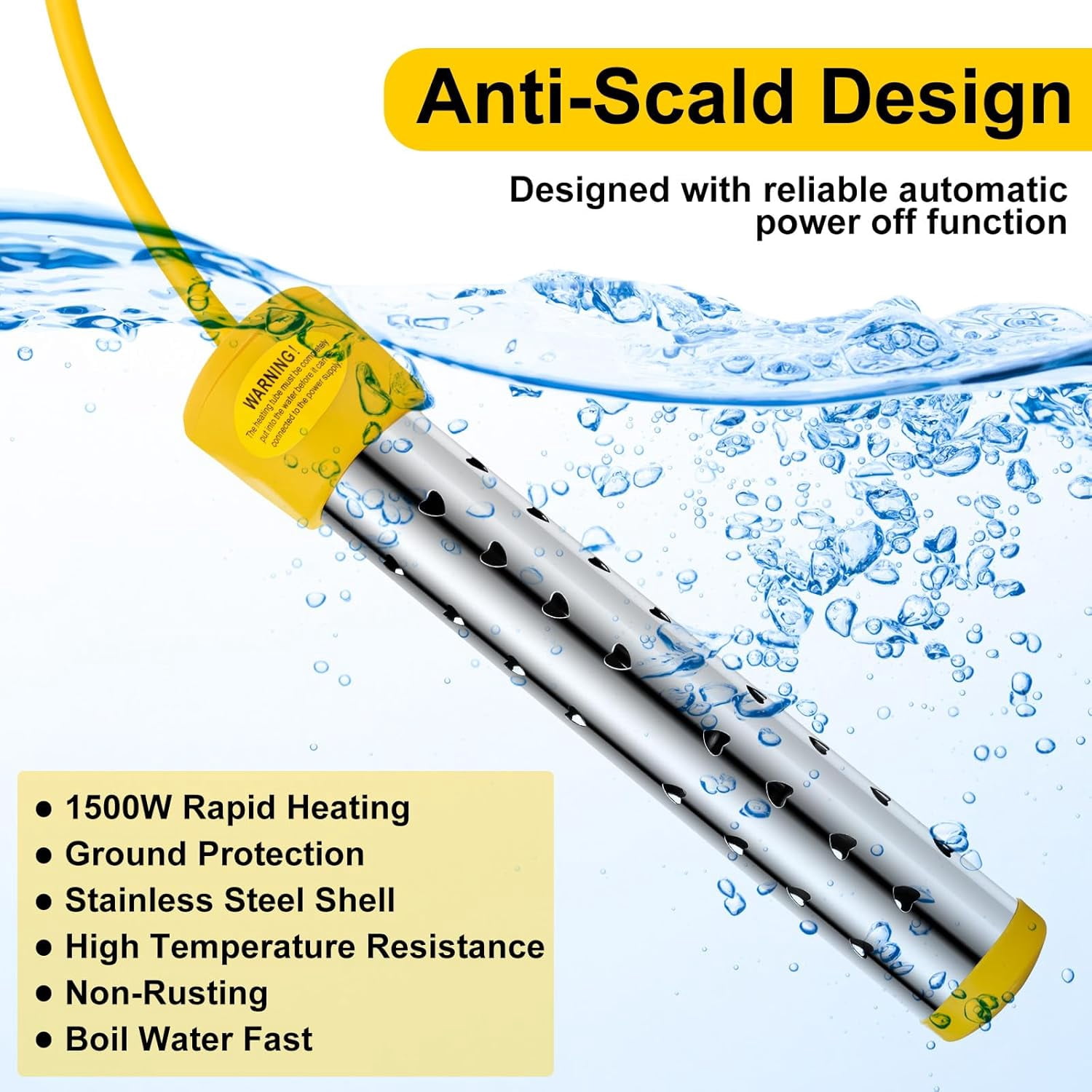 2 Pcs Immersion Water Heater,Anti-scalding Bucket Heater,Quick Heating Immersion Heater for Indoor & Outdoor(Yellow,1500W)