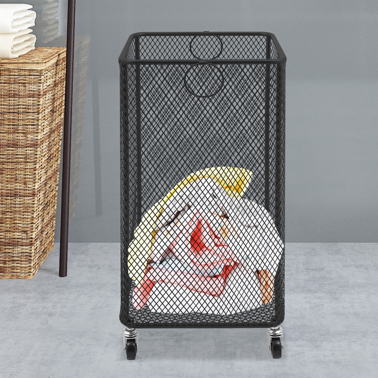 Rolling Laundry Basket, Black Laundry Basket, for Laundry Room, Balcony, Bathroom, Bedroom, Living Room, and More to Store Dirty Towels, Bedding, T-shirts, Pants, Skirts, Underwear, and Other Items