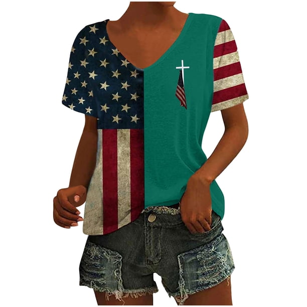 Tops Cortos para las Mujeres Día de la Independencia Patriótica Impreso Cuello en V, Manga Corta Top Casual para Diario, Fiesta Y Todas las Estaciones