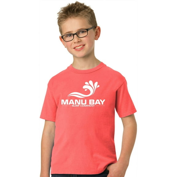 Manu Bay Surf Company Kids WHITE LOGO Surfer Youth T-shirt, Large Neon Coral