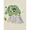 thumbnail image 3 of Kids Baby Girls Skirt Clothing Set, 6 12 18 24 Months 2T 3T 4T Long Sleeve Embroidery Letters Sweatshirt with Rainbow Clover Print Tulle Skirt 2-piece Outfit, 3 of 9