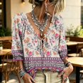 thumbnail image 3 of Women's 3/4 Sleeve V Neck Floral Print Ruffle Blouses Tie Front Flowy Boho Tops Lightweight Woven Casual Shirts Trendy 2026 Summer Beach Outfits Camel M, 3 of 5