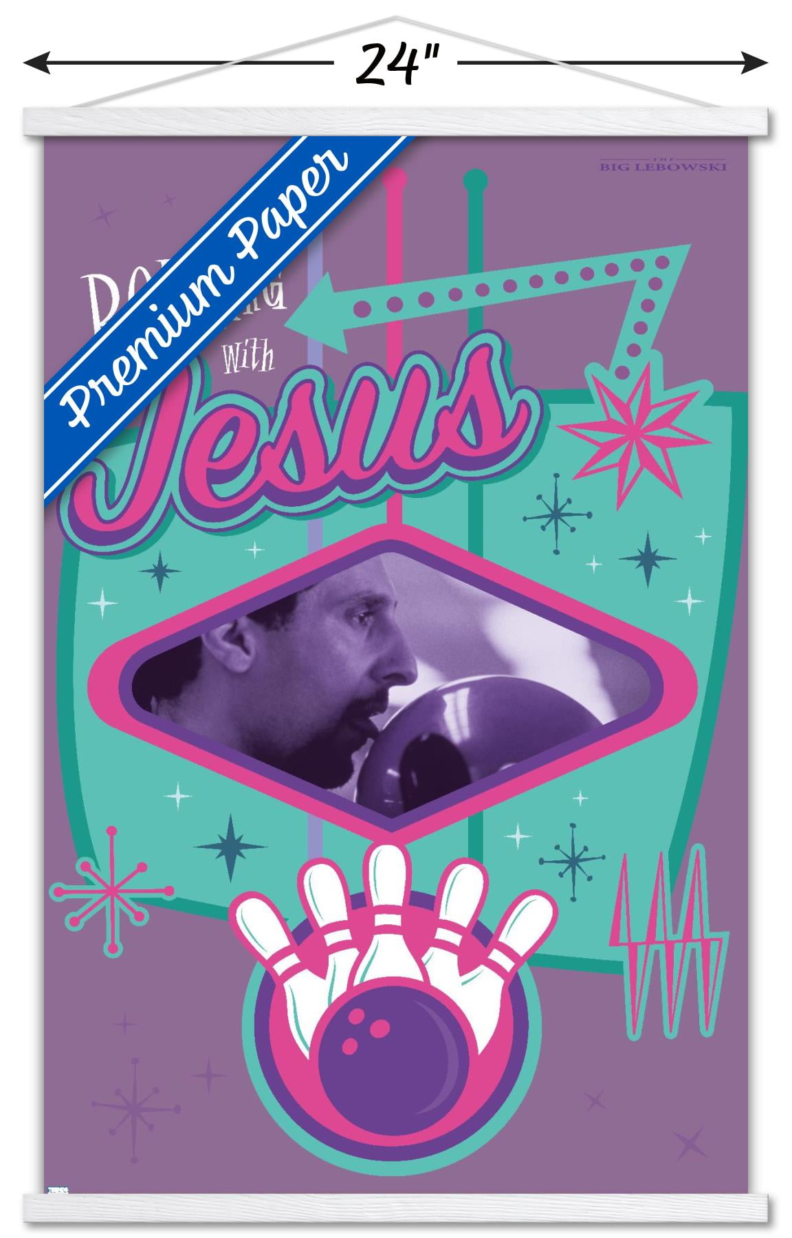The Big Lebowski - Bowling with Jesus Wall Poster with Wooden Magnetic Frame, 22.375" x 34"