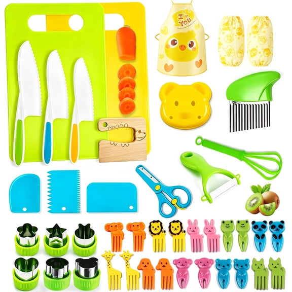 SkyMagic 42Pieces Montessori Kitchen Toys for Toddlers-Kids Cooking Sets Real-Toddler Toys Set for Real Cooking with Plastic Children Safe Knives Crinkle Cutter Kids Cutting Board