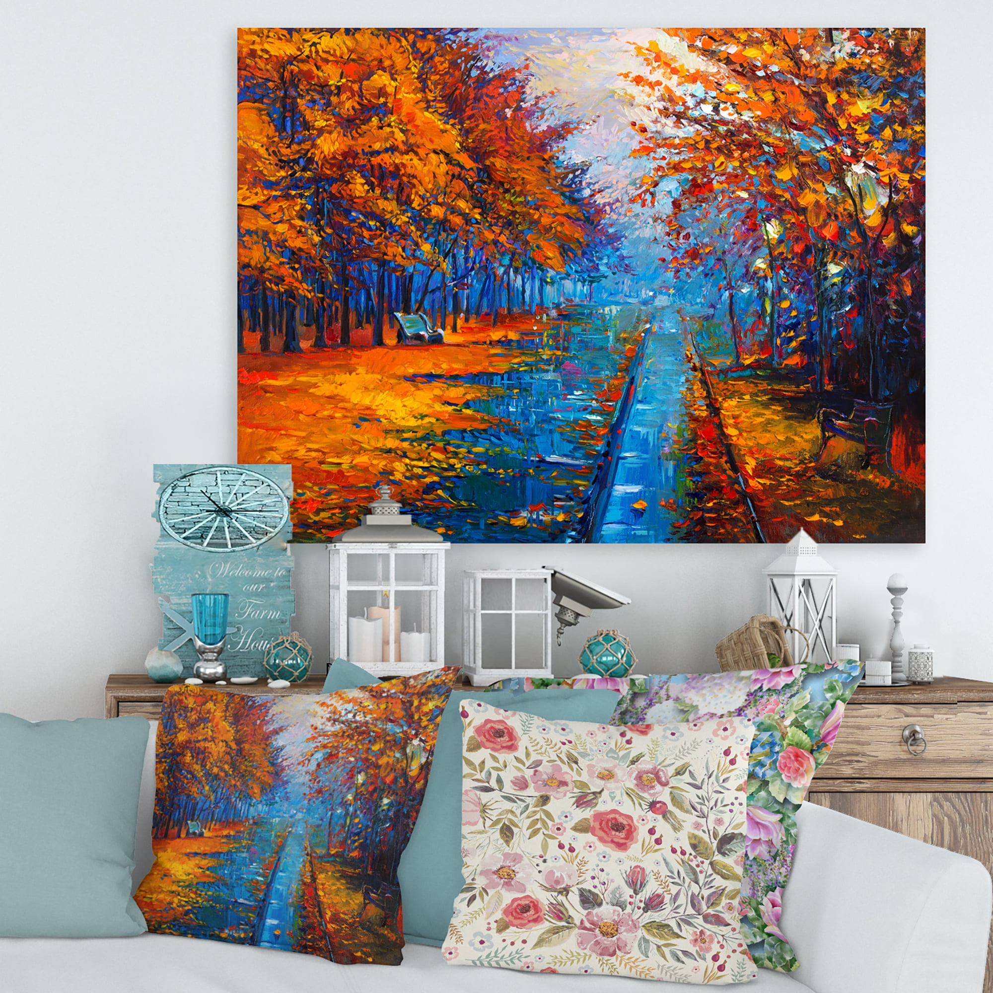 Orange Autumn Landscape With Little Road II 8 in x 12 in Painting Canvas Art Print, by Designart