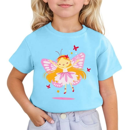 Gbsyewxs Shirts For Girls Crew Neck Short Sleeve Butterfly Print Comfortable Summer Toddler Girls Tees Sky Blue Size 6-7 Years