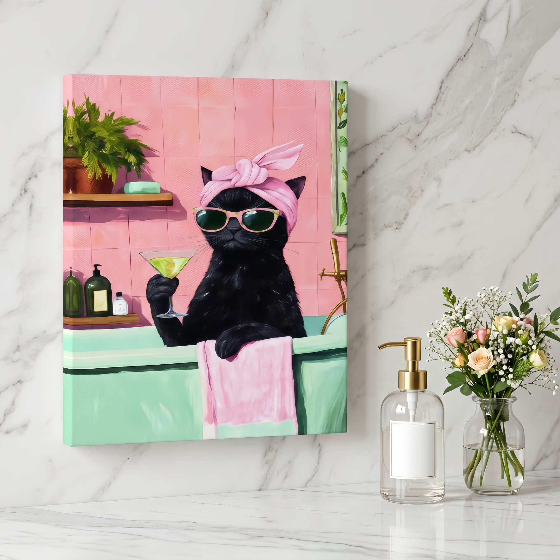 YarnArtistry Funny Bathroom Black Cat Canvas Wall Art 24 in x 16 in Framed Painting Canvas Art Prints