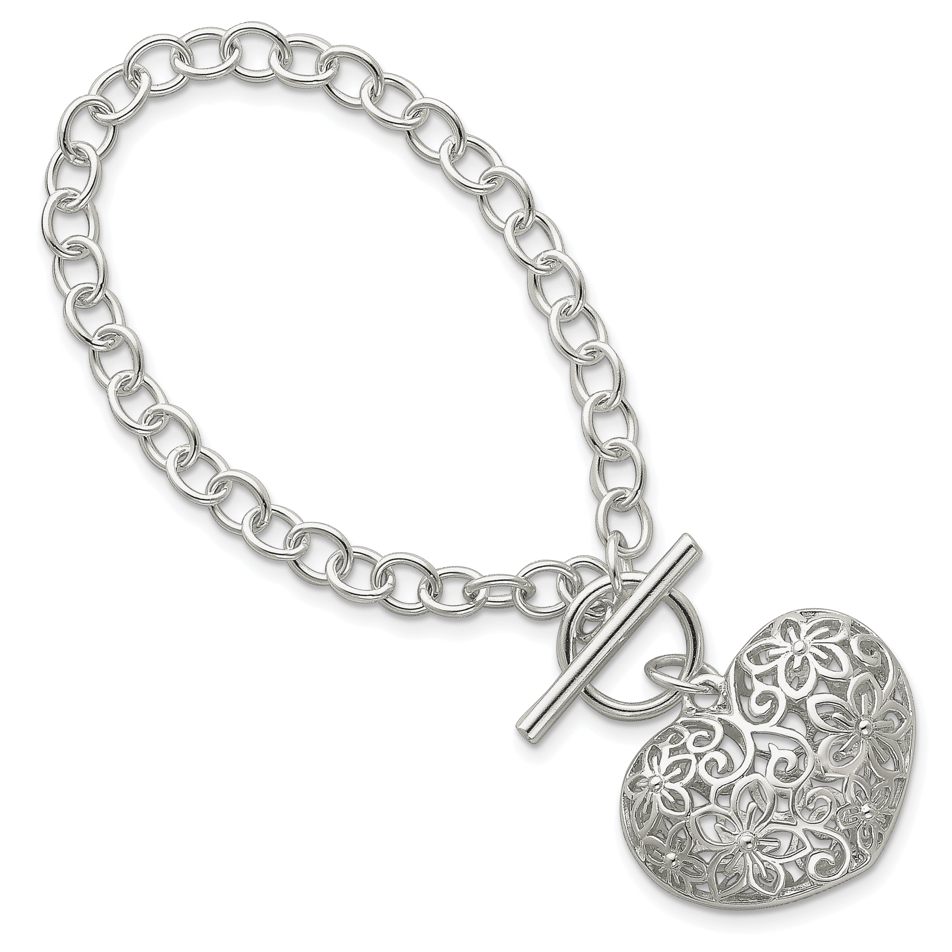 7.5 Toggle Lock For Women and Girls .925 Sterling Silver Heart Charm Bracelet 