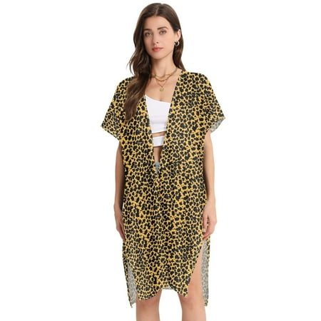 Beach Vacation Clothes Kimono Cardigan Loose Swimsuit Cover Up for Women Black Leopard Print M