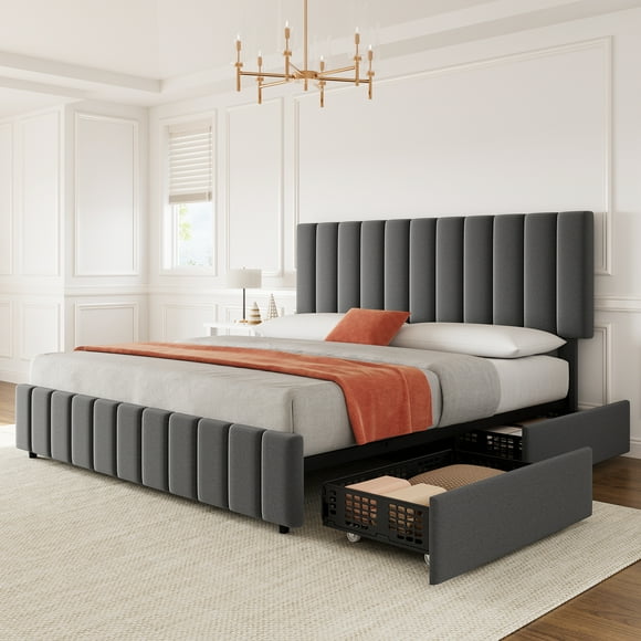 Lit Plateforme Rembourré Matelassé en Lin avec Tête de Lit Réglable et 4 Tiroirs de Rangement, Lattes en Bois Robustes et Aucun Sommier Requis