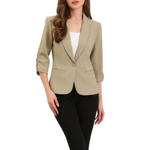 Blazer de solapa inspirador para mujeres con mangas 3/4, bolsillo y botón único, traje de trabajo M color caqui