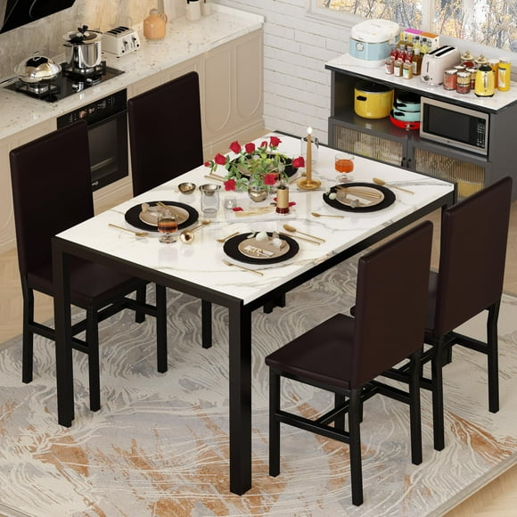 DKLGG Dining Table Set for 4, 5 Piece Kitchen Table Set with PU Leather Chairs Space-Saving Faux Marble Dining Room Table Set for 4 for Small Home Kitchen, Apartment