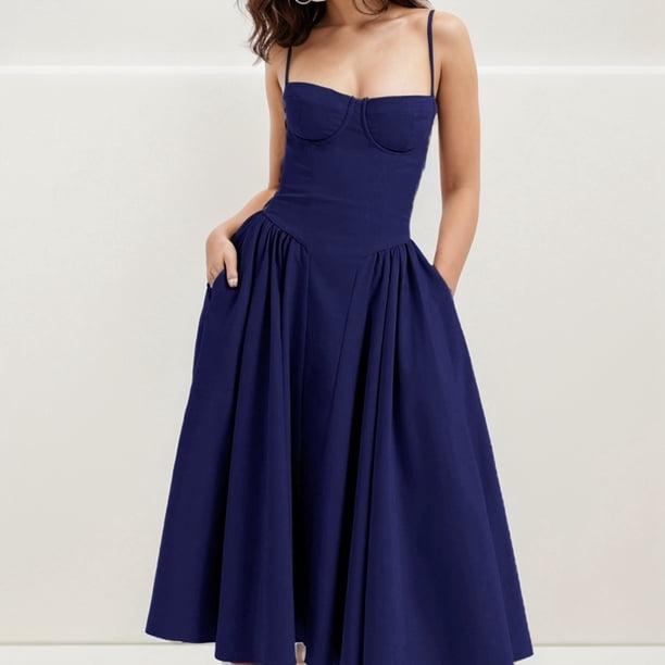 WILLBEST Vestido Maxi Vintage Francés Nuevo para Mujer, Vestido de Corte A Prueba de Viento, Vestido de Tirantes Dopa Wear Extra Grande