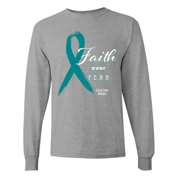 Inktastic Faith over Fear Ovarian Cancer Awareness with Teal Ribbon Long Sleeve T-Shirt