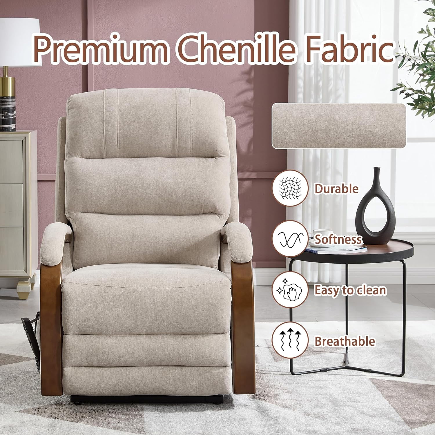 Power Lift Recliner Chair for Elderly People, Dual Motor Lift Chair with Vibration Massage and Heat, Lay Flat Recliner with Solid Wood Armrest, Standing Assistance Reclining, Chenille Fabric Beige