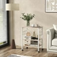 thumbnail image 3 of 3-Layer Microwave Stand Bakers Rack, Kitchen Rolling Cart with 4 Universal Wheels and 10 Removable Hooks, Coffee Cart Shelf Organizer for Kitchen, Living Room, Entryway, Maple, 3 of 8