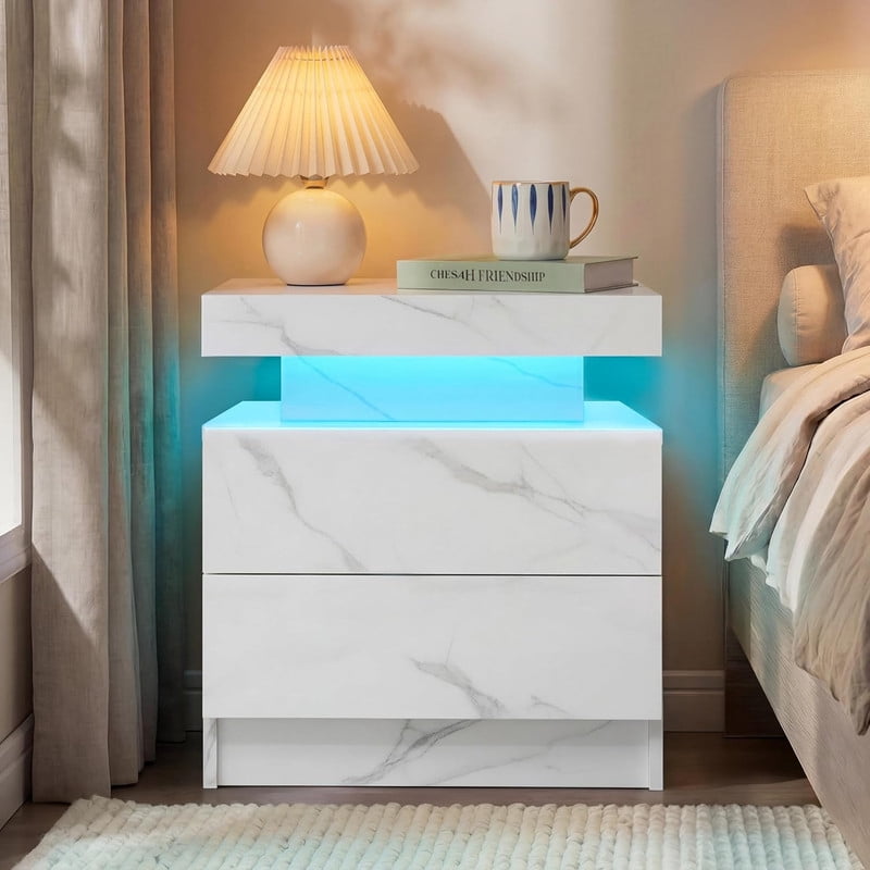 Howcool LED Nightstand, 2 Drawer Bedside Side Table with LED Lights for Bedroom Living Room